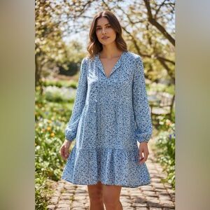 NWT Rebecca Taylor Blue Floral Ruffle Hem Dress XL #425 Retail Romantic Boho